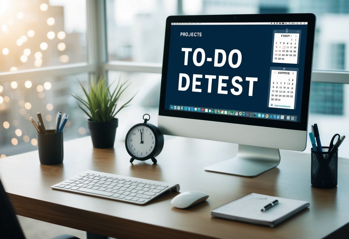 A desk with a neatly organized to-do list, a calendar, and a timer. A computer with open tabs for different projects