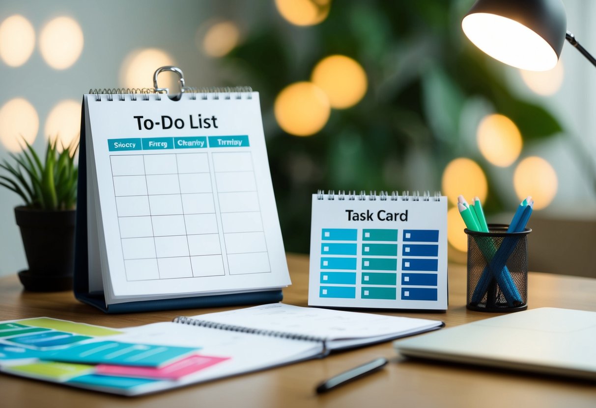 A desk with a to-do list, calendar, and color-coded task cards