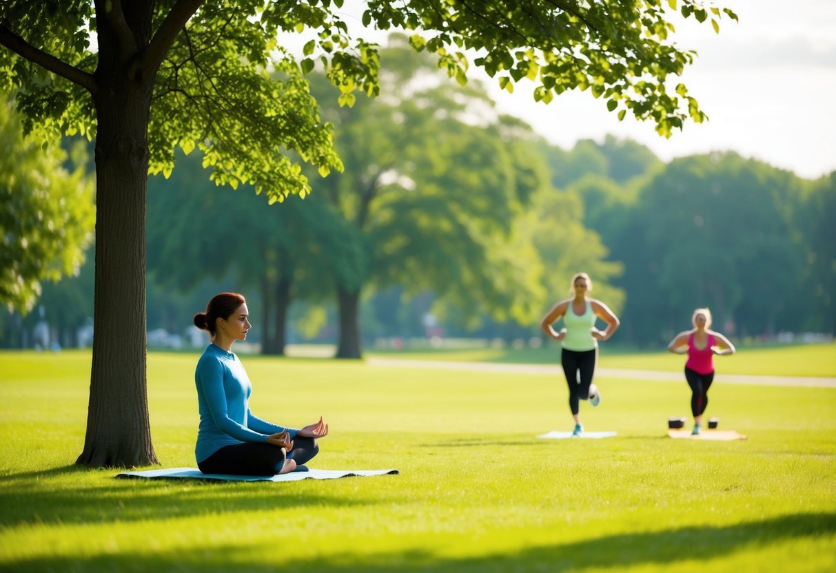 A tranquil park with a person meditating under a tree, while another person exercises in the distance. The scene is balanced and peaceful