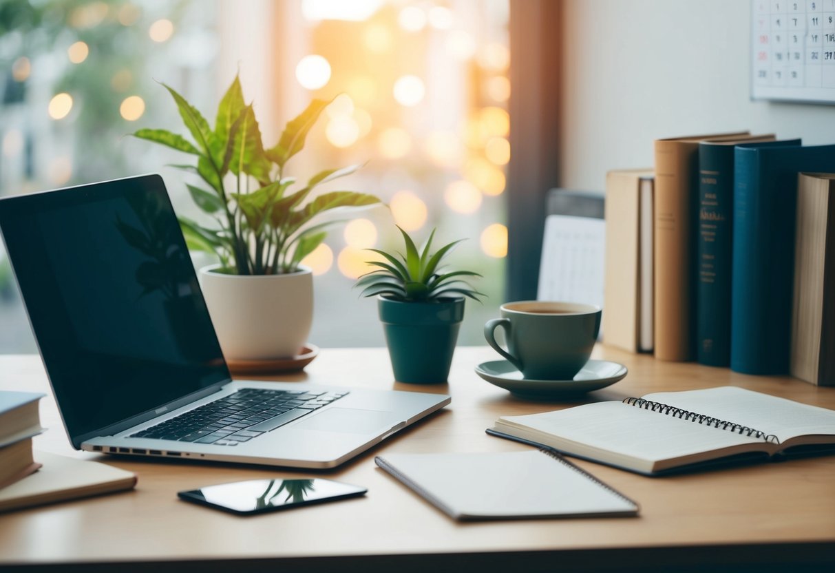 A peaceful workspace with a laptop, notebook, plant, and a cup of tea on a desk, surrounded by books and a calendar