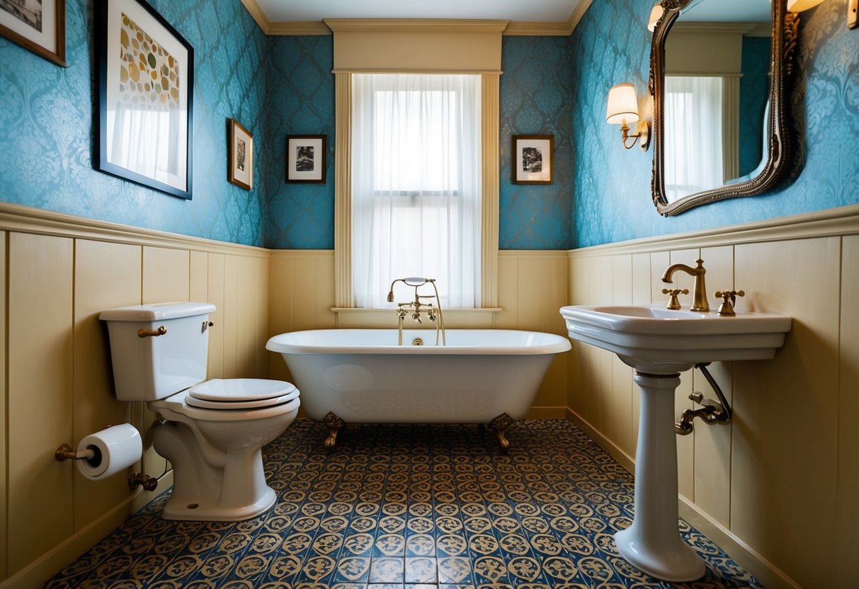 A vintage bathroom with a clawfoot tub, patterned floor tiles, a pedestal sink, and a decorative mirror. The walls are adorned with retro wallpaper and framed artwork