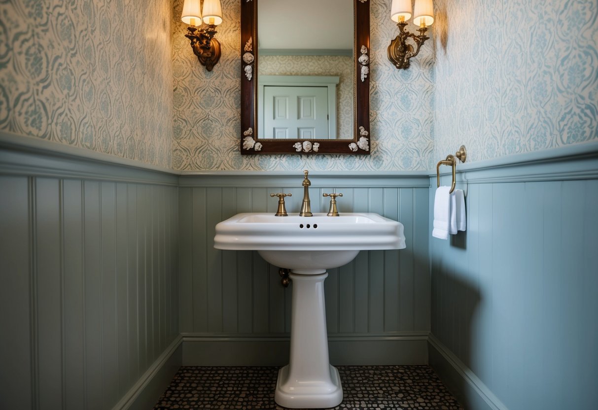 A classic pedestal sink stands against a patterned wallpaper in a vintage bathroom, with a decorative mirror and antique sconces on the wall