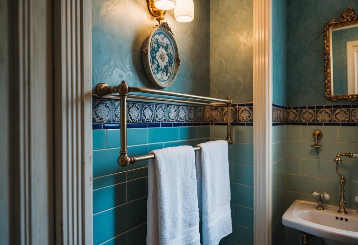 An old-fashioned towel rack hangs on a vintage bathroom wall, surrounded by ornate tiles and antique fixtures