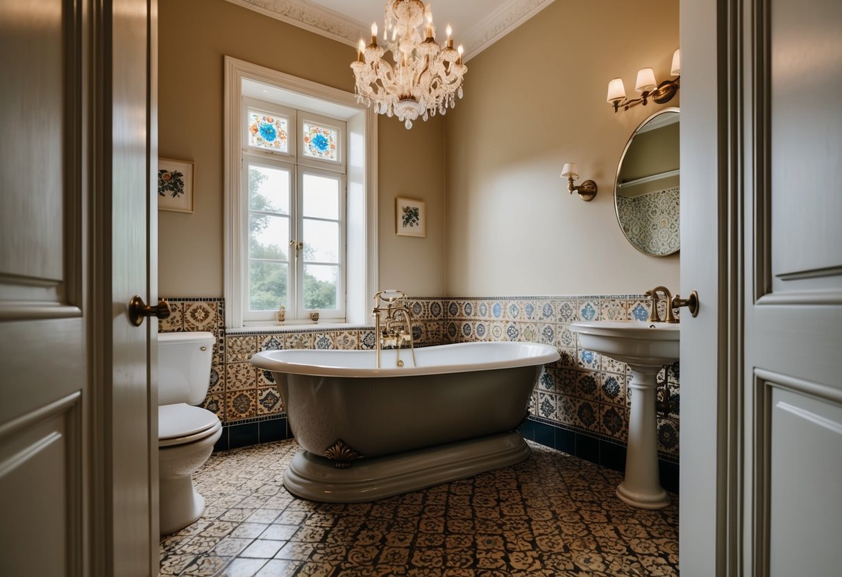 A vintage bathroom with a freestanding tub, surrounded by ornate tiles and a chandelier overhead