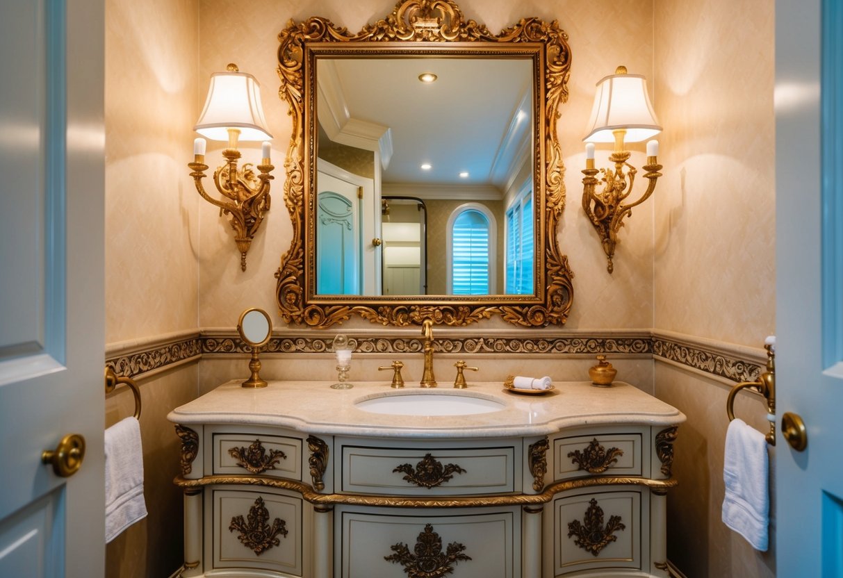 A luxurious, ornate bathroom vanity with vintage details and elegant fixtures