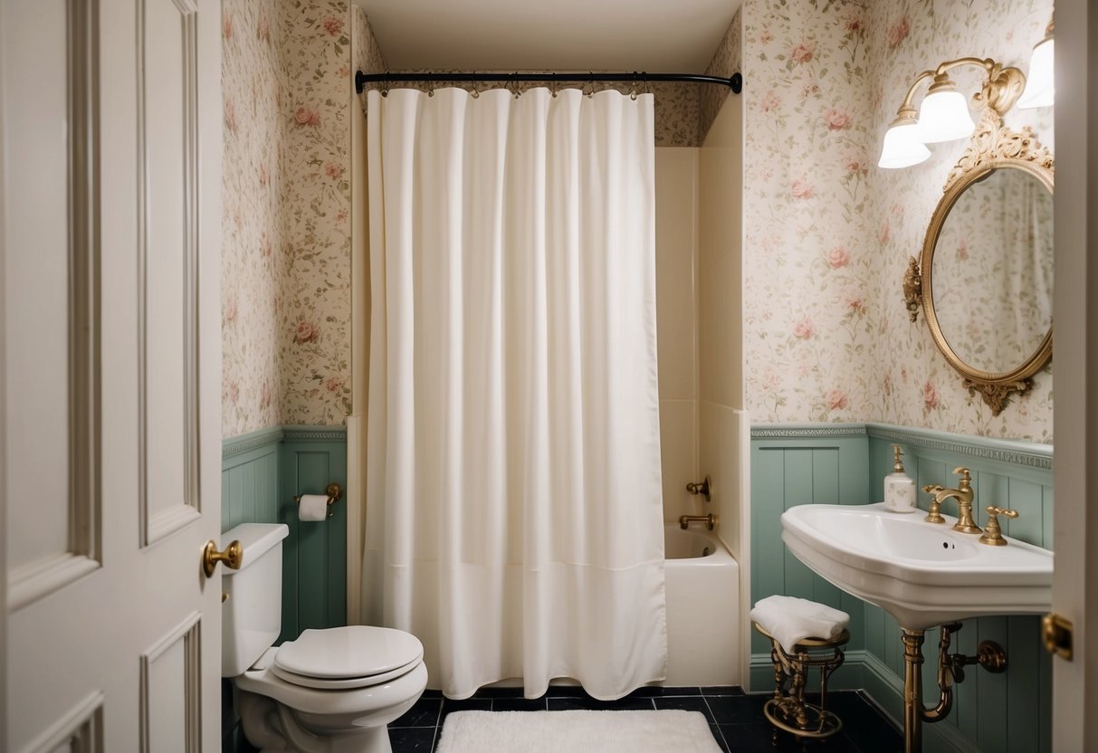 A Victorian shower curtain hangs in a vintage bathroom, surrounded by ornate fixtures and delicate floral wallpaper