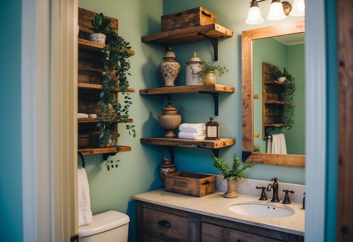 A vintage bathroom with reclaimed wood shelves, adorned with antique decor and greenery