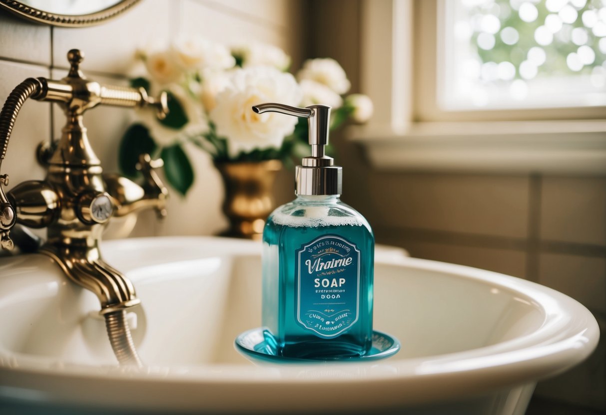 A vintage bathroom with a retro soap dispenser, adorned with classic fixtures and decor