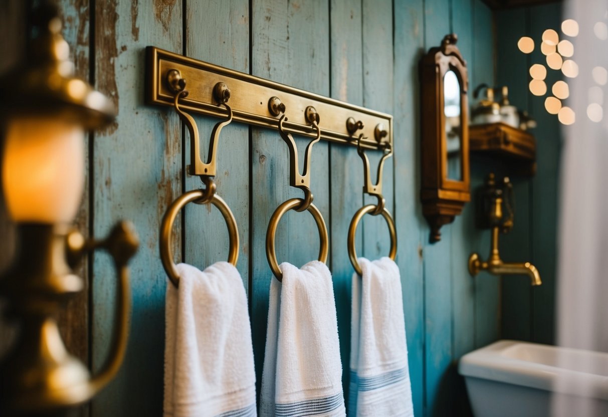 A vintage bathroom with brass towel rings hanging on a weathered wooden wall, surrounded by antique fixtures and decor