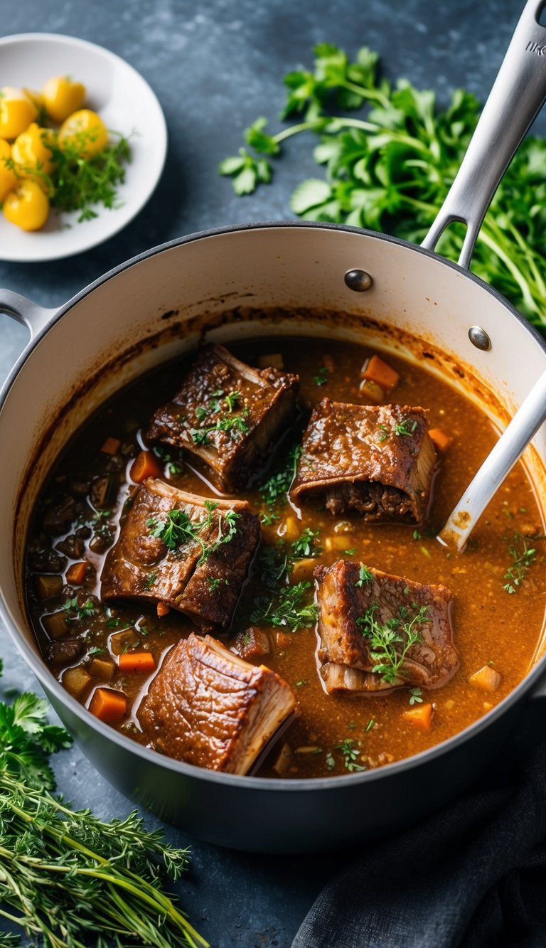 A pot of braised beef short ribs simmering in a rich, savory sauce, surrounded by aromatic herbs and vegetables