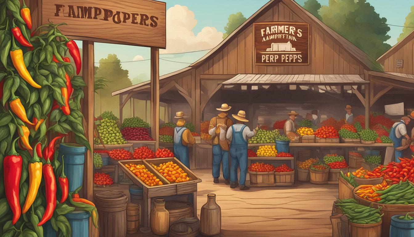 A bustling farmers market with colorful hot peppers and vintage bottles, surrounded by a backdrop of fiery red chili plants and a rustic wooden sign for "PexPeppers."