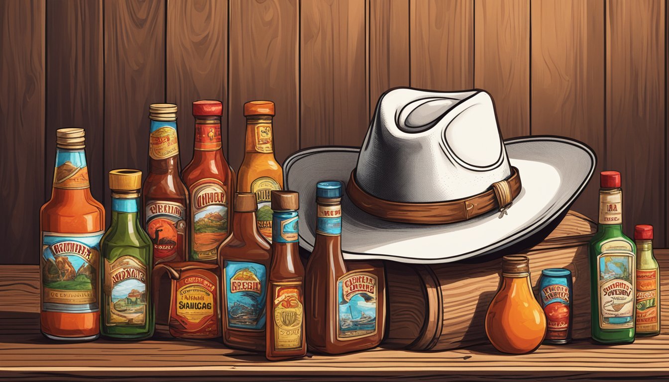 A cowboy hat rests on a wooden table surrounded by bottles of hot sauce. A lasso hangs on the wall behind it