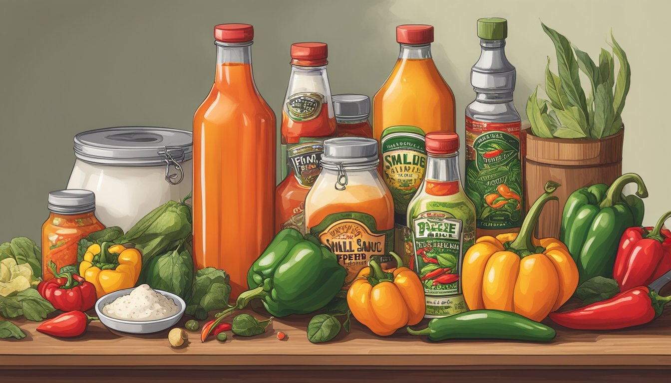 A bottle of small axe peppers hot sauce surrounded by various culinary ingredients and utensils on a kitchen counter