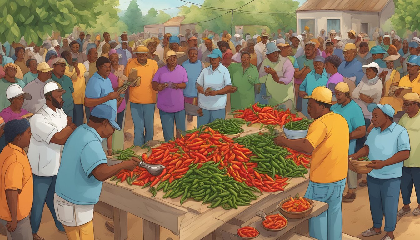 A small axe chopping hot peppers, surrounded by a vibrant community gathering