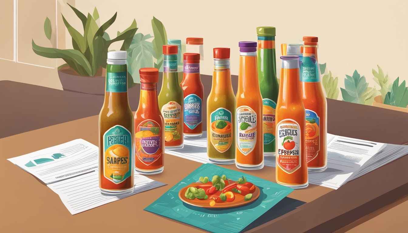 A table with various pexpeppers hot sauce bottles displayed alongside colorful marketing materials and engaging consumer interactions