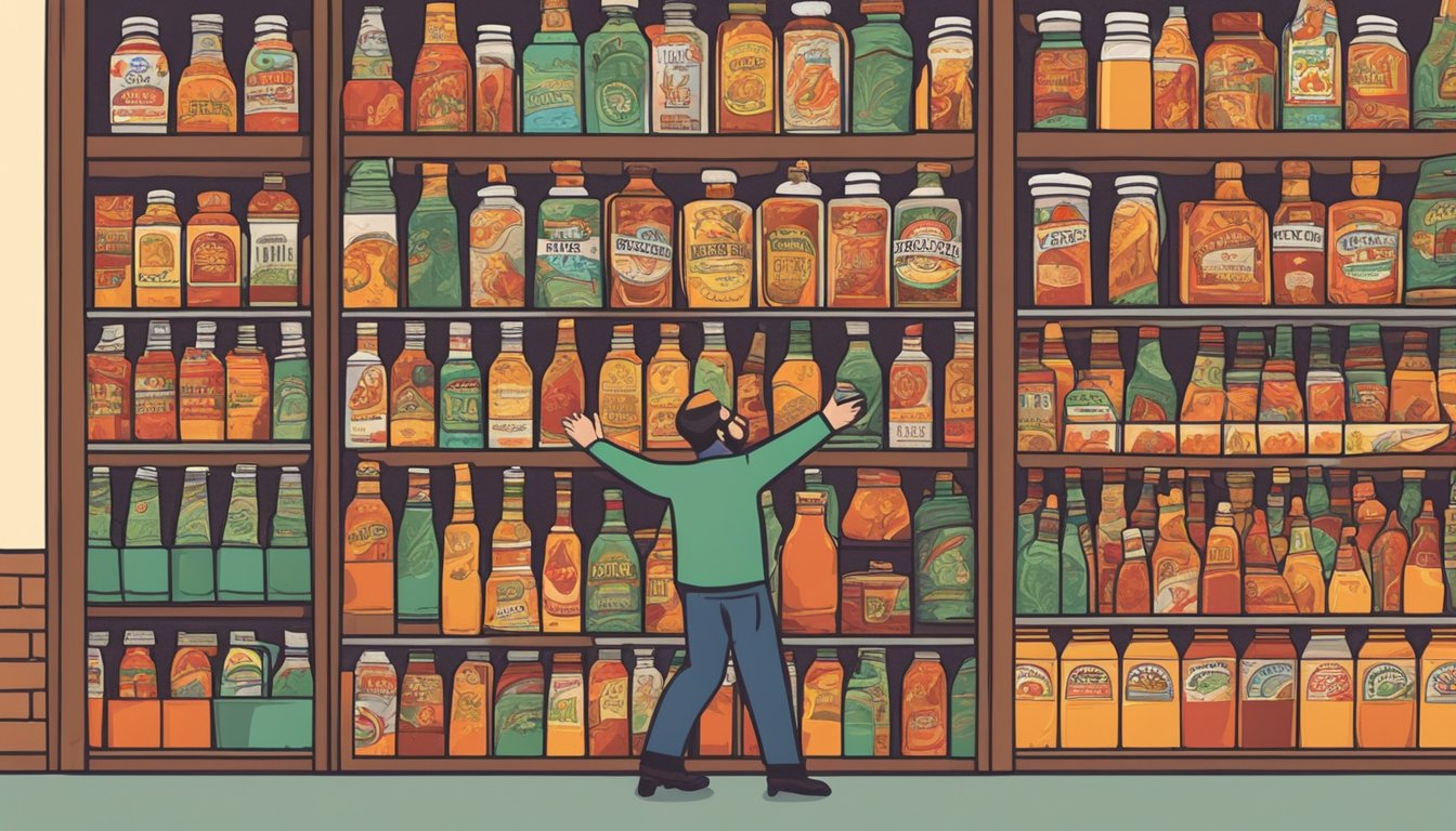 A hand reaching for a bottle of Rustlin Rob's hot sauce on a store shelf, surrounded by various other hot sauce bottles