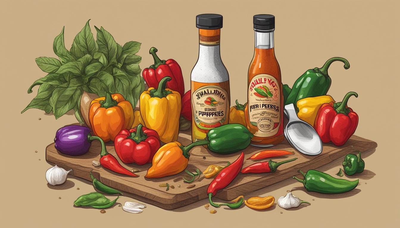 A bottle of Small Axe Peppers hot sauce surrounded by various peppers and ingredients, with a chef's knife nearby