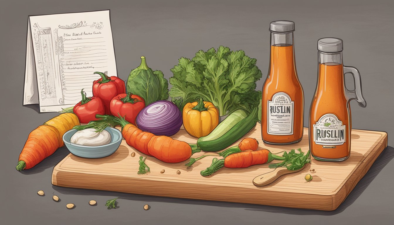 A wooden cutting board with fresh vegetables and a bottle of Rustlin Rob's hot sauce, surrounded by cooking utensils and a handwritten recipe card