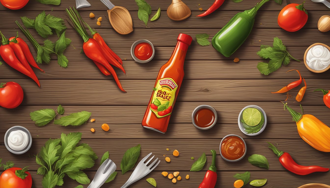 A bottle of hot sauce on a rustic wooden table, surrounded by various ingredients and cooking utensils