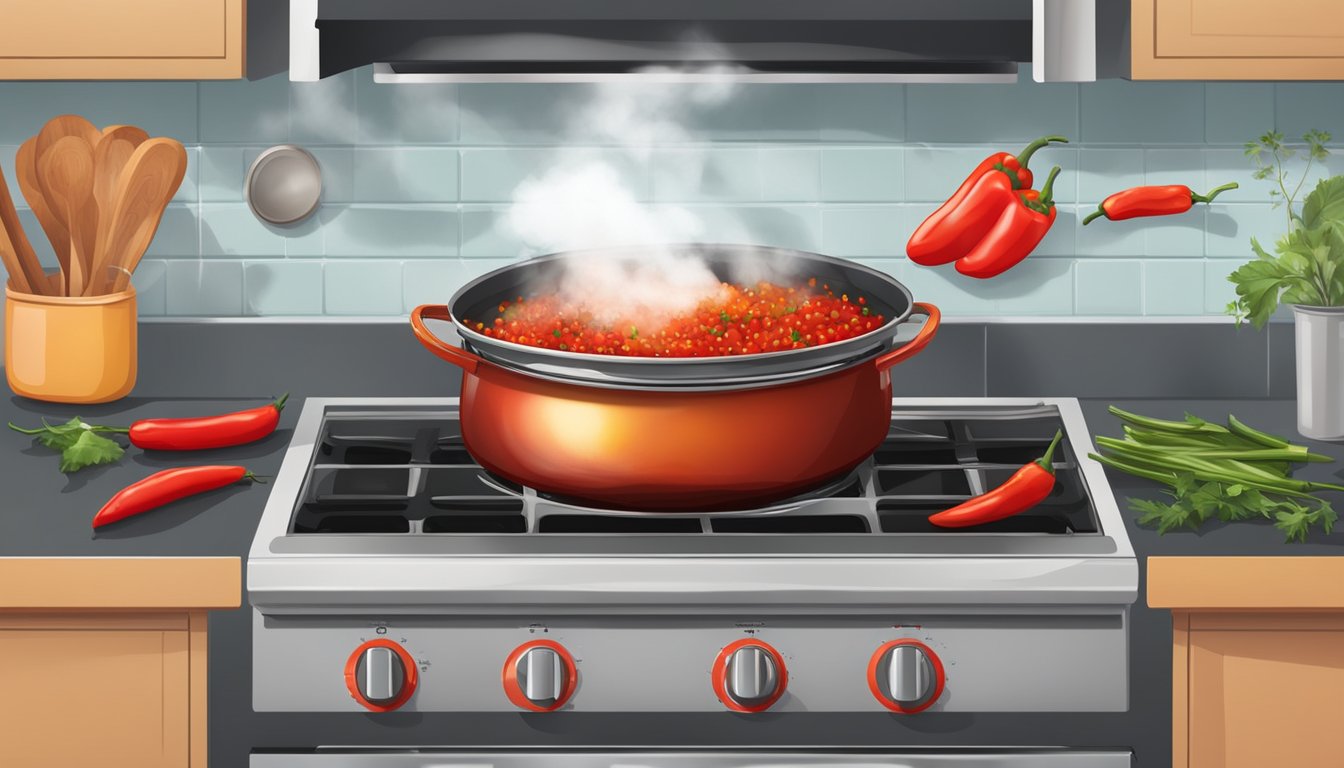 A steaming pot of red peppers, vinegar, and spices simmering on a stove. Smoke rising and filling the kitchen with a spicy aroma