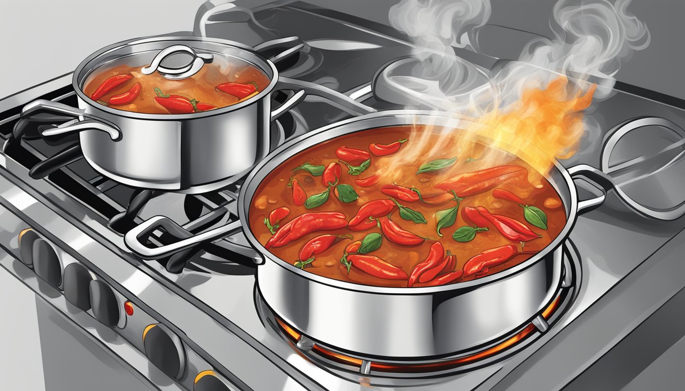 A pot bubbling over a hot stove, steam rising as red peppers and spices are mixed into a simmering sauce