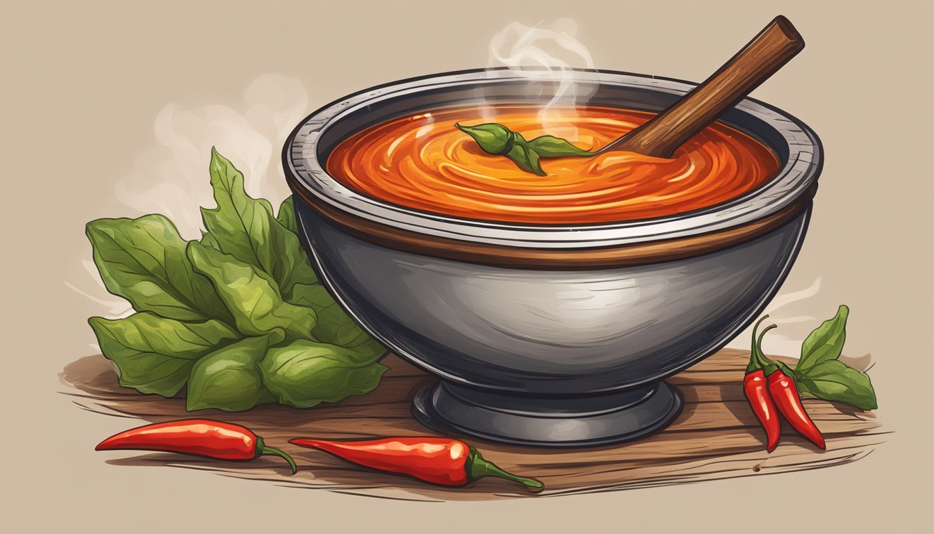 A steaming bowl of spicy hot winter hot sauce sits on a rustic wooden table, emitting a tantalizing aroma of heat and flavor