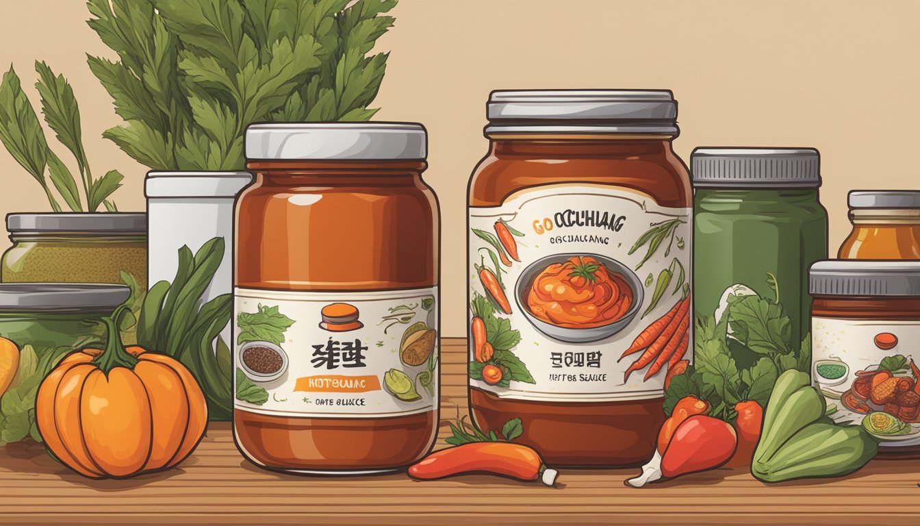 A small jar of gochujang hot sauce sits on a wooden table, surrounded by various ingredients. The label features traditional Korean designs