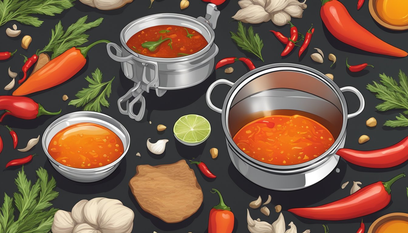 A steaming pot of hot winter hot sauce simmering on a stove, surrounded by various ingredients like chili peppers, garlic, and vinegar