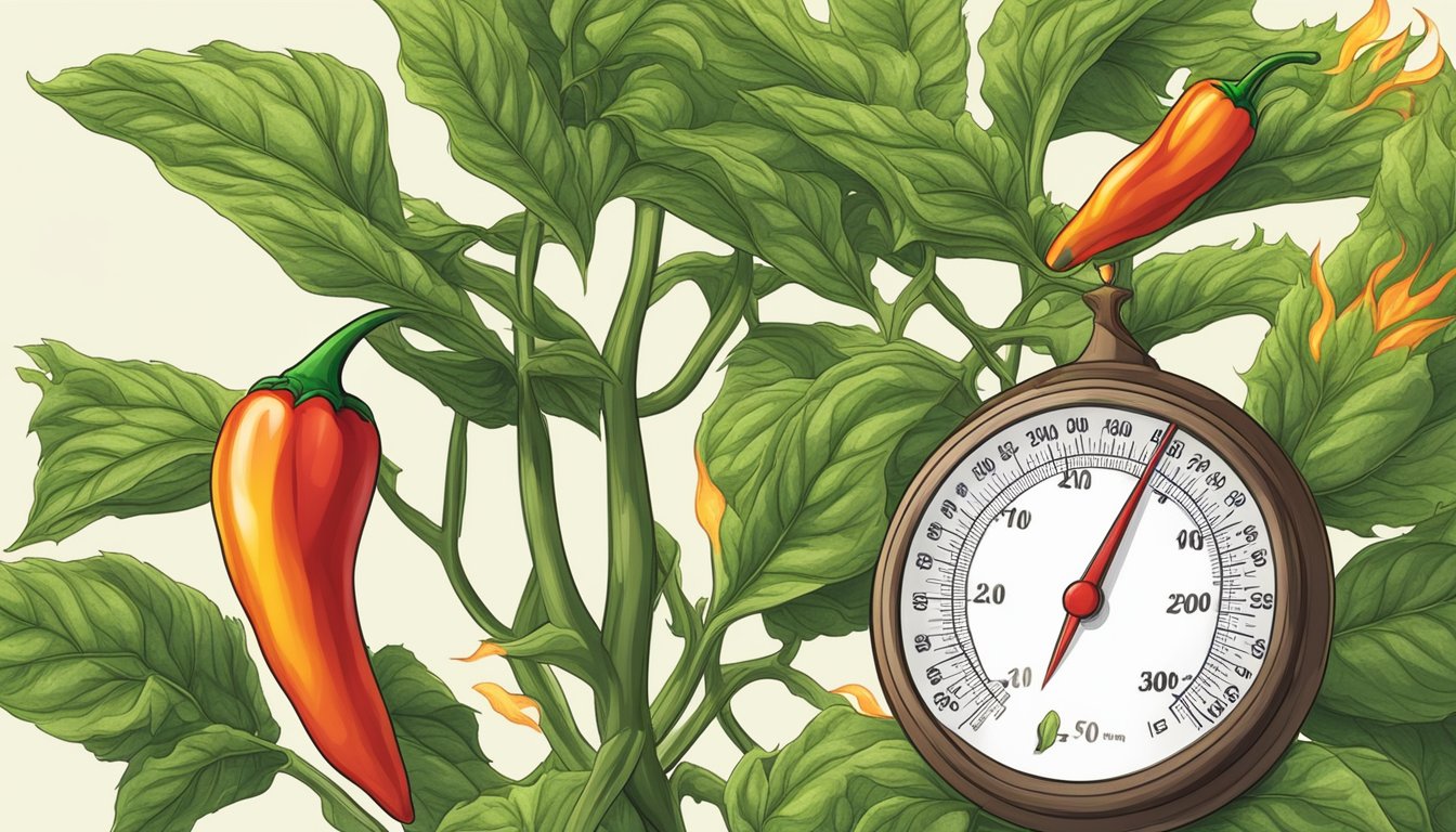 A fiery red pepper plant grows next to a thermometer, with flames rising to indicate extreme heat levels