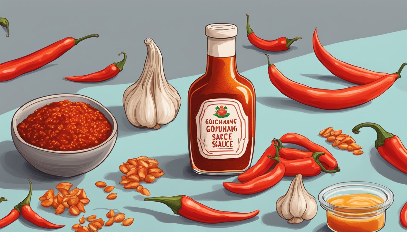 A bottle of Weak Knees Gochujang Hot Sauce surrounded by vibrant red chili peppers and garlic cloves