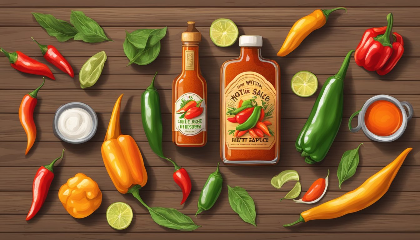 A rustic wooden table with a bottle of hot winter hot sauce surrounded by fresh, vibrant chili peppers and other organic ingredients