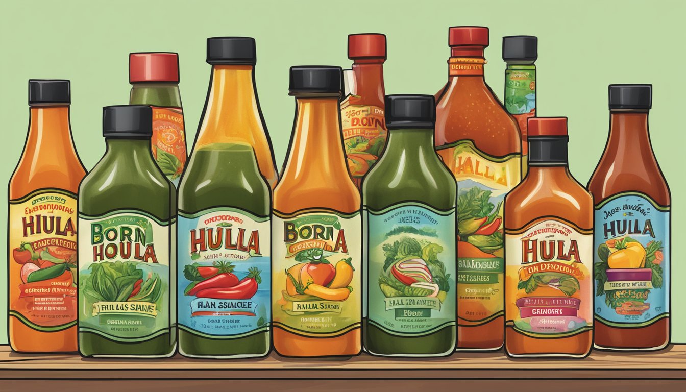 A variety of bottles of Born to Hula hot sauce displayed on a shelf in a grocery store