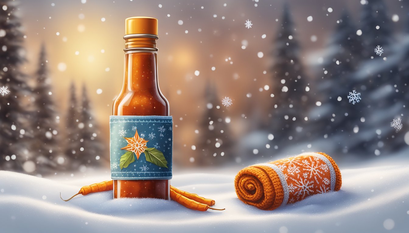 A small bottle of hot winter hot sauce surrounded by snowflakes and a cozy winter scarf