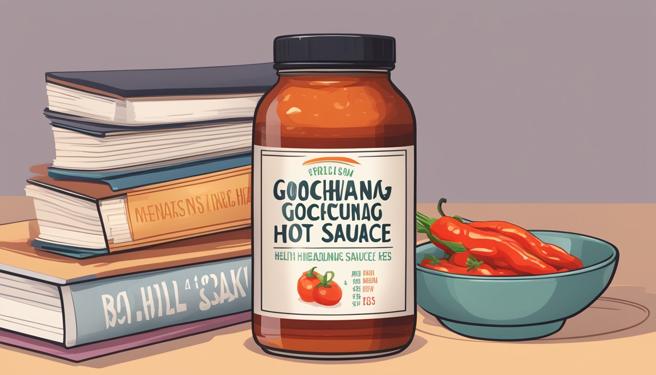 A jar of gochujang hot sauce next to a stack of health and dietary information books, with a pair of weak knees in the background