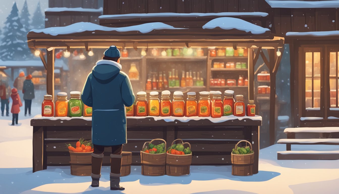 A snowy street market with a vendor selling jars of hot winter hot sauce displayed on a rustic wooden table. Shoppers browsing and purchasing