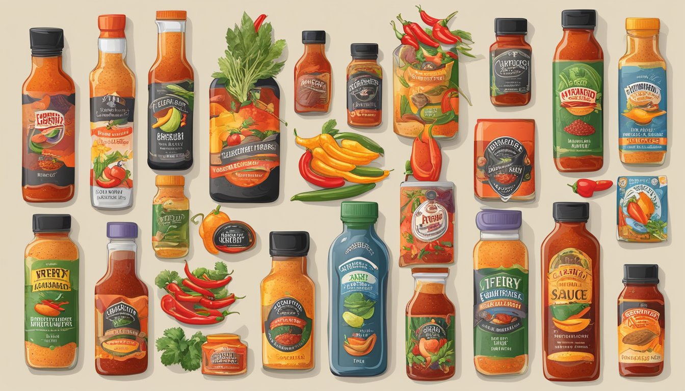 A collection of various spicy ingredients and flavors arranged around a bottle of CaJohns Fiery Foods hot sauce