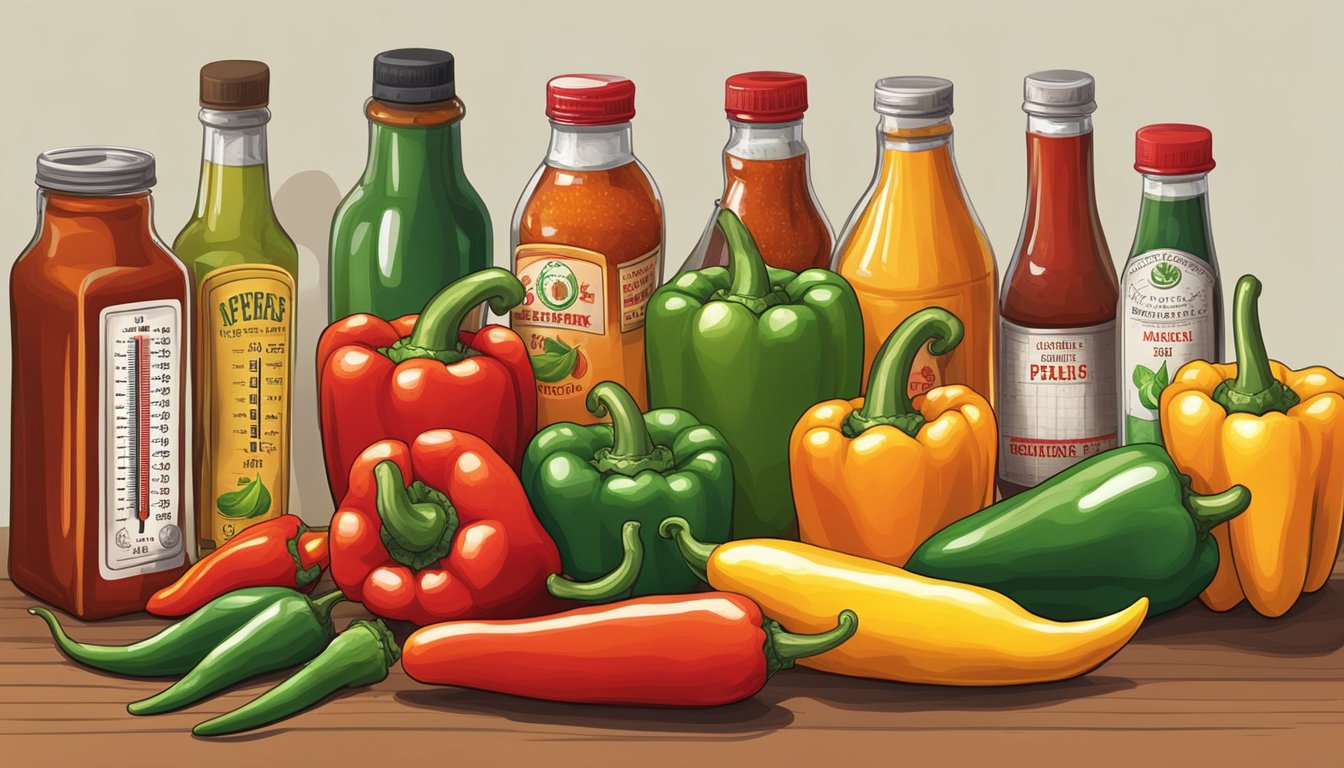 A variety of peppers, ranging from mild to extremely hot, displayed on a table with bottles of hot sauce and a thermometer measuring the heat levels