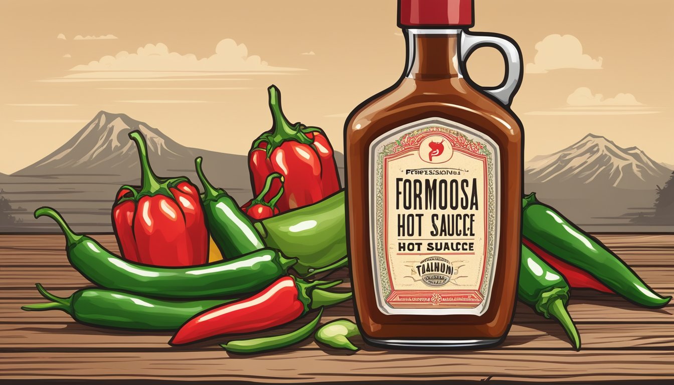 A bottle of Formosa Chipotle Hot Sauce sits on a rustic wooden table, surrounded by fresh red and green chili peppers. The label features a traditional Taiwanese design