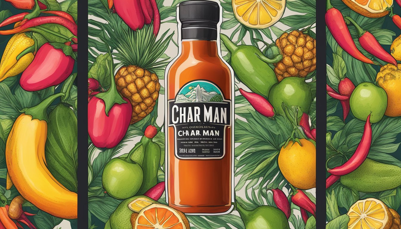 A bottle of Char Man Caribbean hot sauce surrounded by vibrant tropical fruits and spicy peppers