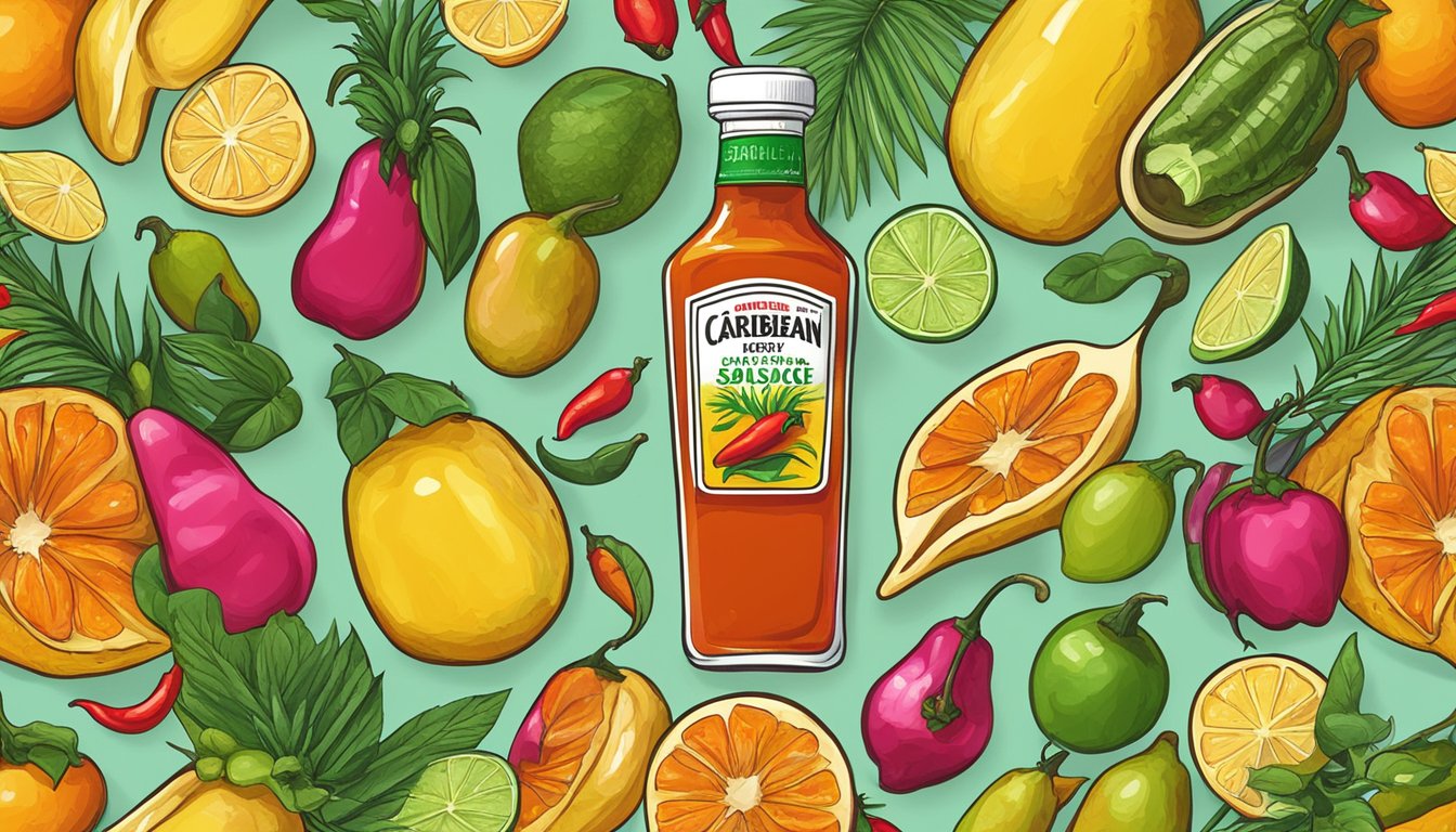 A bottle of Caribbean hot sauce surrounded by vibrant tropical fruits and spicy peppers