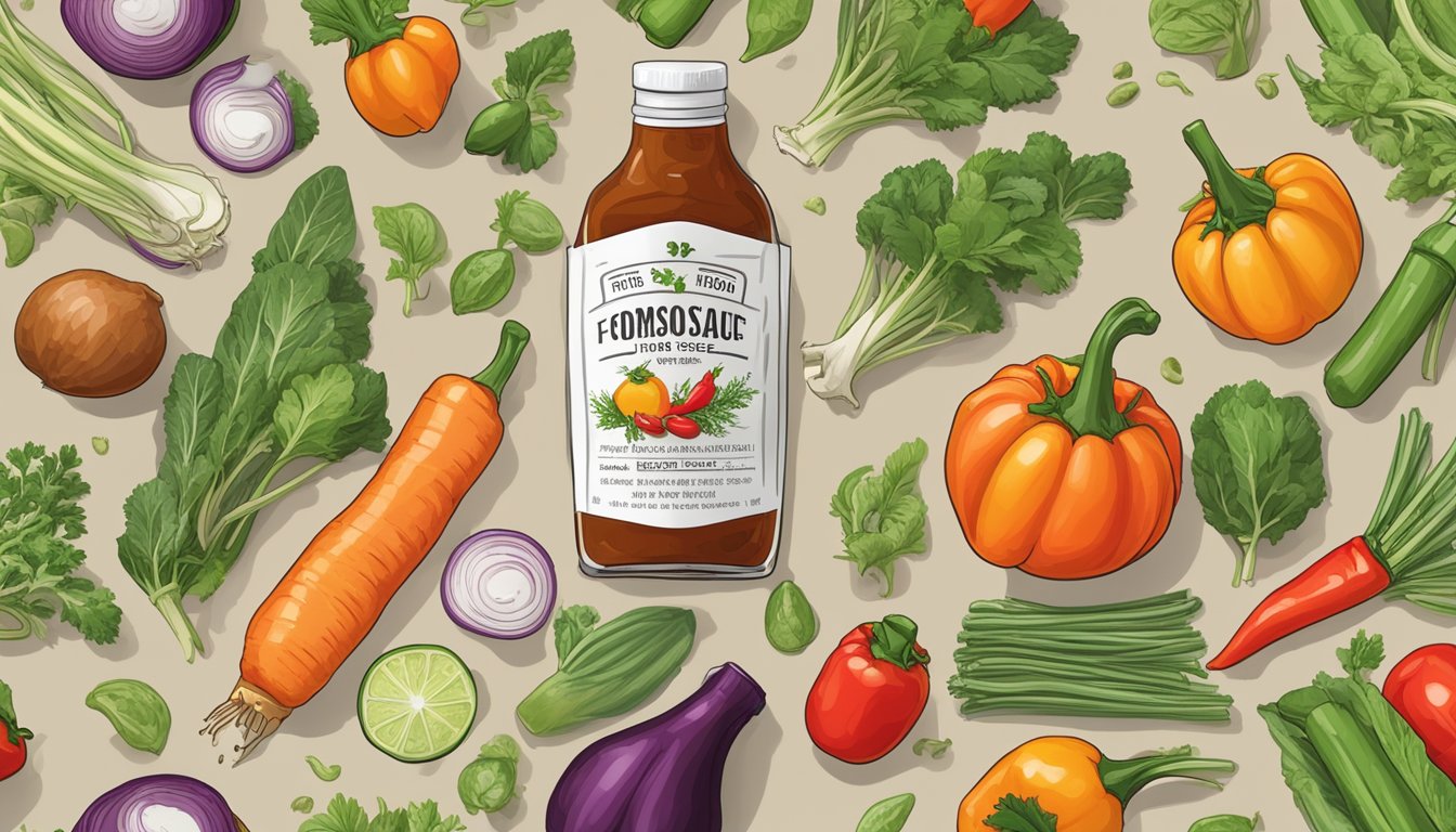 A bottle of Formosa chipotle hot sauce surrounded by fresh vegetables and herbs, with a nutrition label and dietary information displayed nearby