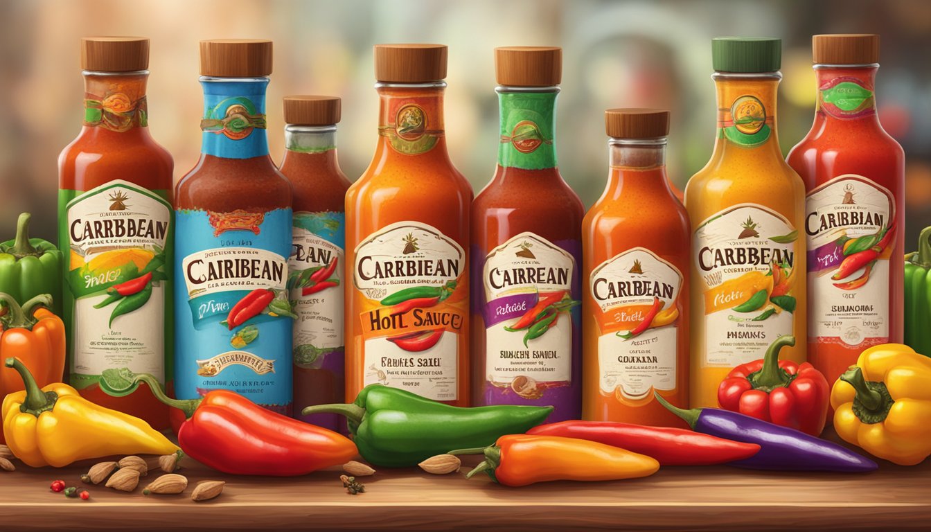 A wooden table with bottles of Caribbean hot sauce lined up, surrounded by colorful peppers and spices