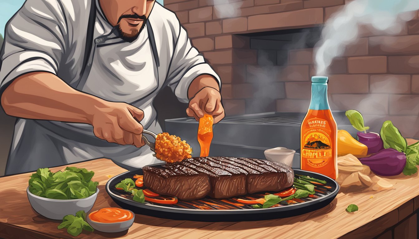 A chef drizzles Formosa chipotle hot sauce over a sizzling steak on a grill