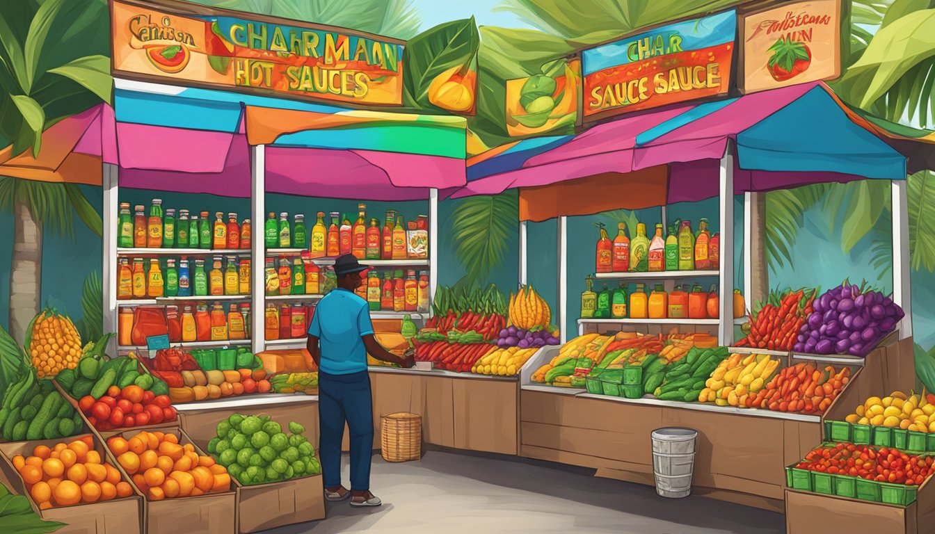 A vibrant Caribbean market stall displays bottles of "Char Man" hot sauce surrounded by tropical fruits and spicy peppers