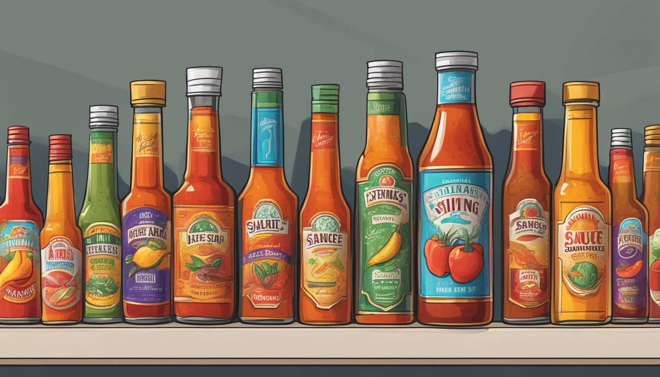 A display of various hot sauce bottles with fiery and vibrant labels, arranged on a shelf with a "Buying Guide" sign