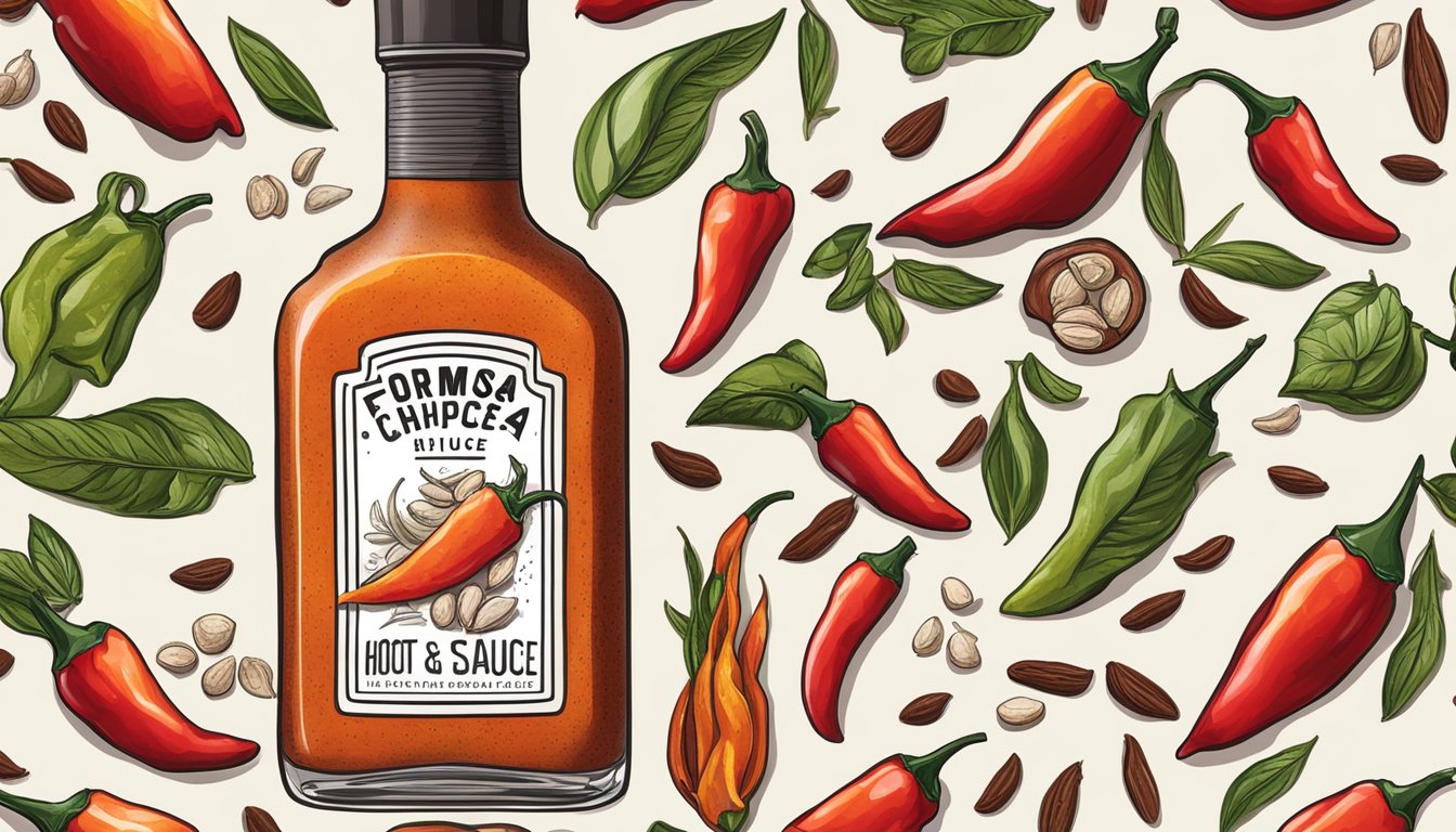 A bottle of Formosa chipotle hot sauce surrounded by chili peppers and smoky spices