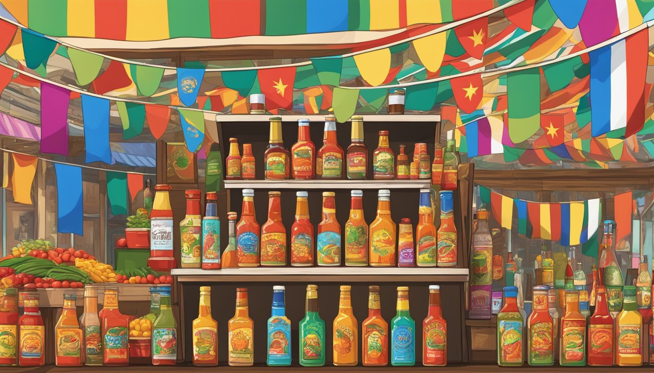 A vibrant market stall displays bottles of Caribbean hot sauce, surrounded by colorful flags and traditional music playing in the background