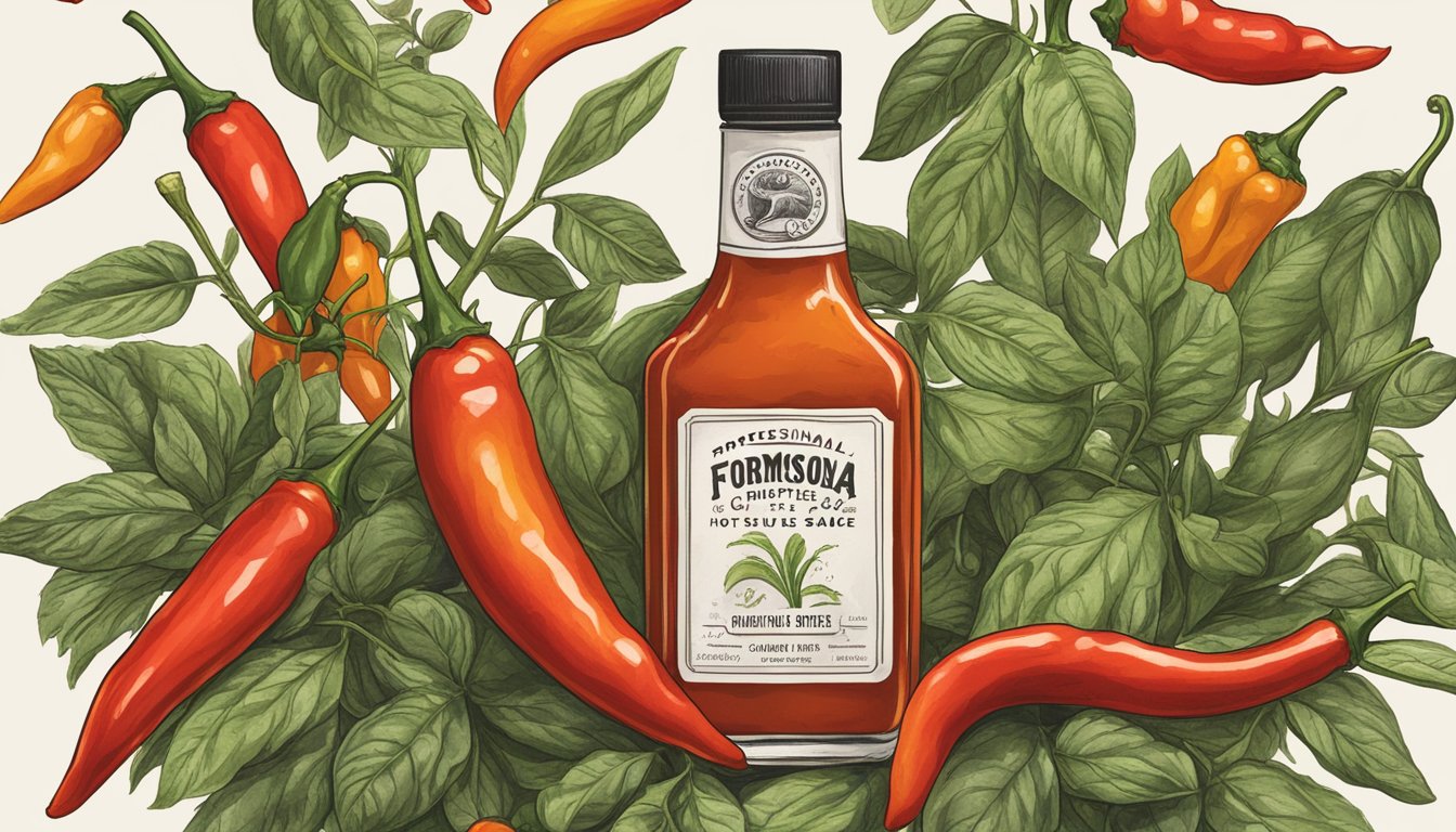 A bottle of Formosa Chipotle hot sauce surrounded by smoky peppers and chili plants