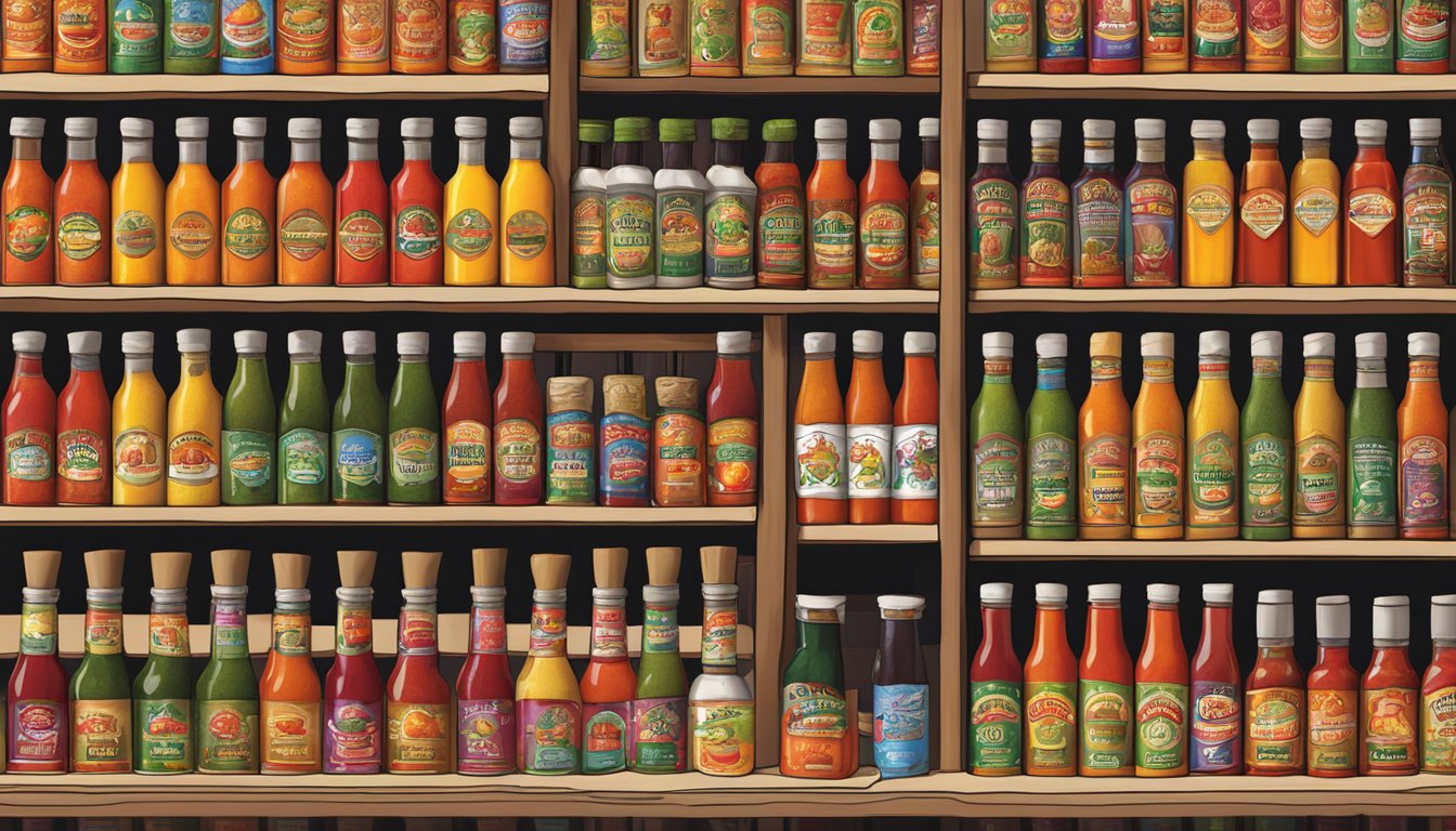 A variety of Pepper Palace hot sauces displayed on shelves