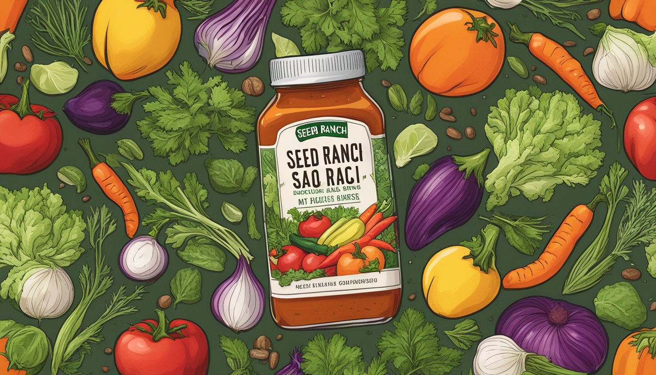 A bottle of Seed Ranch Flavor Co hot sauce surrounded by fresh, colorful vegetables and herbs